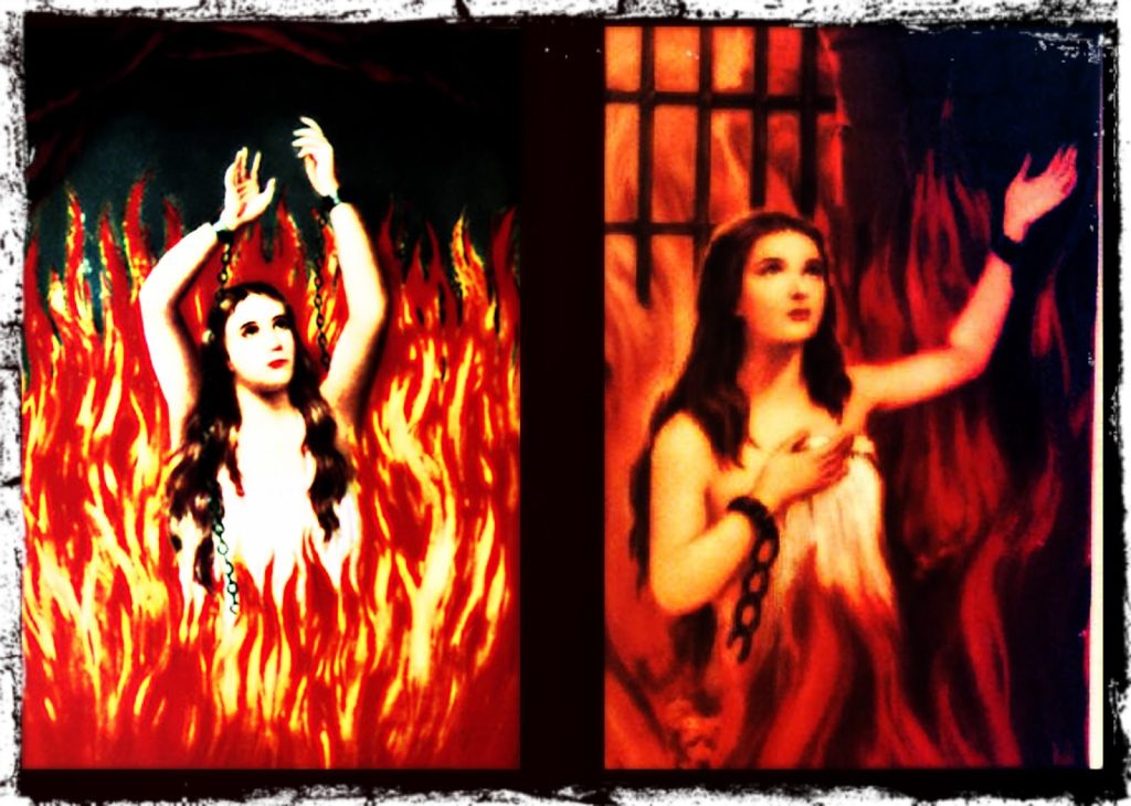Two images side by side of the Anima Sola, which translates as Lonely Soul. They are both variations of the same image depicting a white woman with long black hair flowing over her shoulders, with her hands in shackles attached to chains. These chains descend into roaring flames that surround her body, concealing the lower half of her body. Her arms are reaching upwards, in a gesture of someone asking for help. 