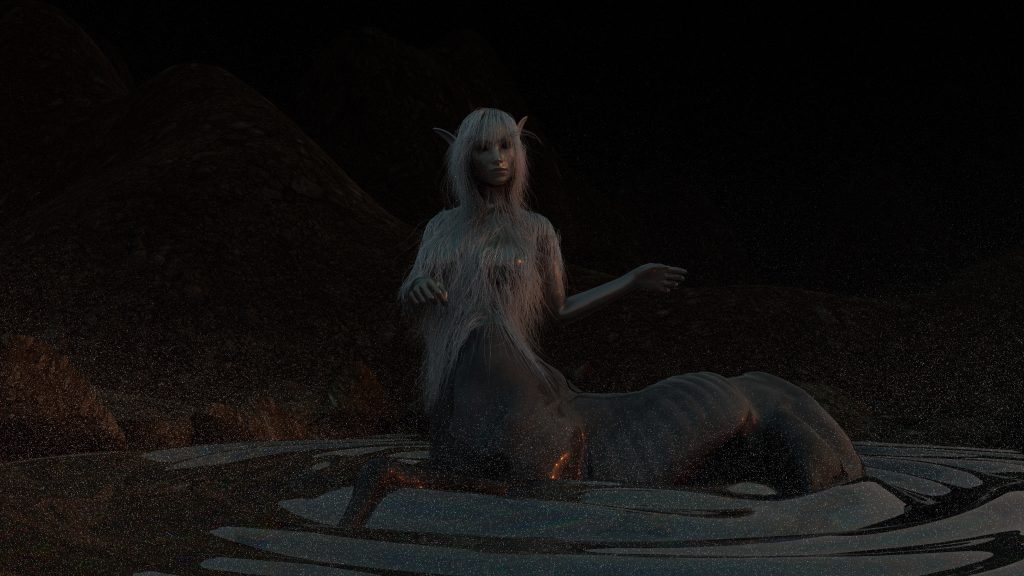 a feminine centaur with an elf like face and ears, the skin is grey and slightly reflective, the centaur has grey hair on its head and along its abdomen. the figure is sitting in a body of water with its hands gesturing as if waiting.