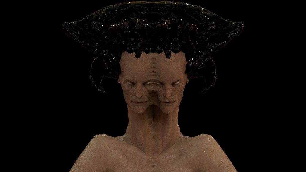 an image of a computer generated figure, the figure has two faces splitting/ mirroring out of the centre, the figure is wearing an unusual and blobby headdress, not unlike a medusa head of snakes.