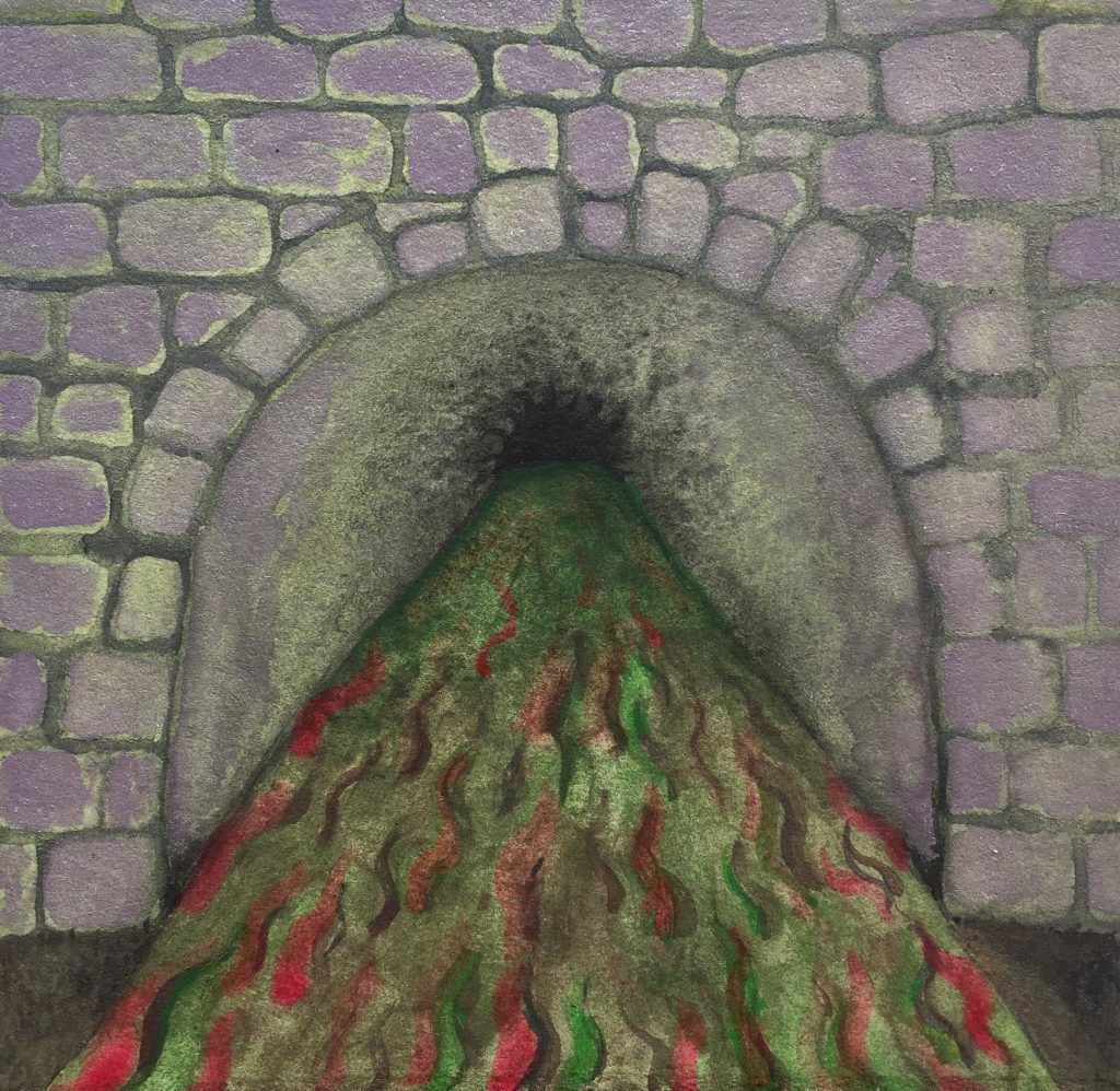 A photo of a square watercolour painting using metallic muted tones. The painting shows a stone-work opening to a sewer with a central passageway descending off into the distance. The stones are a metallic lilac hue. There is a black hole in the centre of the image into which a river of muddy green and reddish sludge is either disappearing or emerging from, it isn't clear which way the river is flowing.