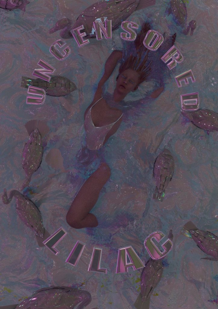 Drone's eye view: a woman lies on her back in a duochrome sea of baby pink and blue. She is wearing a holographic camisole that barely covers her body, her eyes are closed as she floats in the water with 11 glossy swans surrounding her. She is unbothered. The words "uncensored lilac" are written on curved paths, rendered in pink glass.