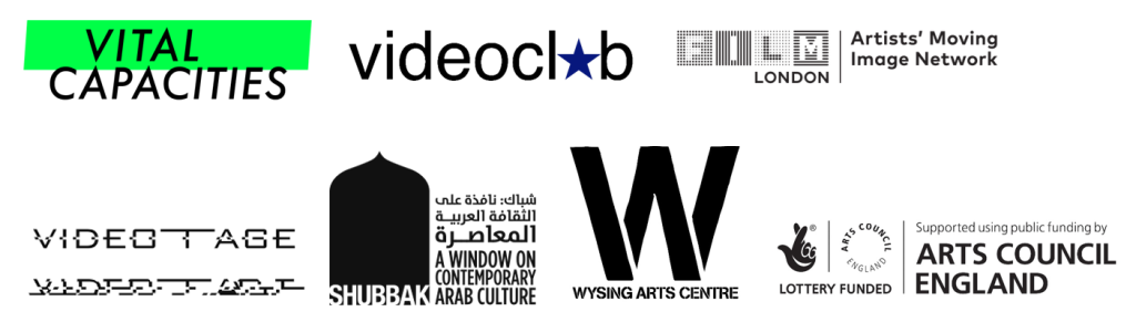 Logos for Vital Capacities, videoclub, Film London Artists' Moving Image Network, Videotage, Shubbak, Wysing Arts Centre and Arts Council England.