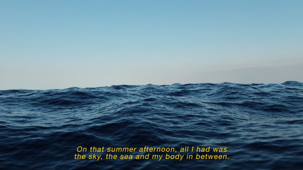 A 3D generated image of the sky and an ocean. Yellow text at the bottom says "On tha summer afternoon, all I had was the sky, the sea and my body in between."