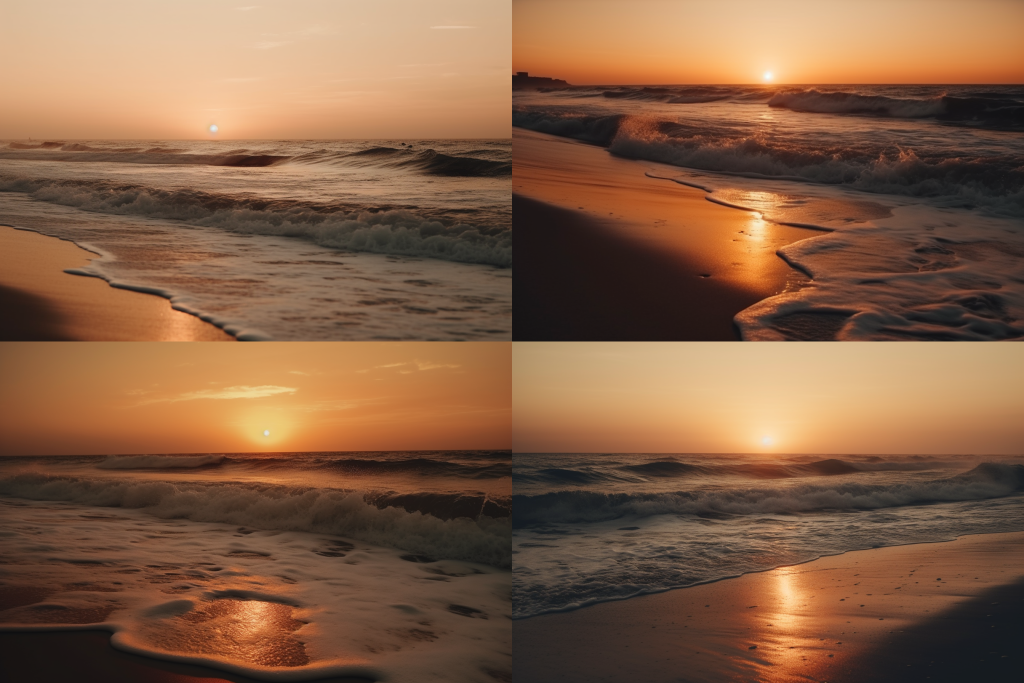 The image consists of four photographs, all capturing a beach scene during sunset. Here is a detailed description of each photograph:

Top Left: The sun is low in the sky, casting a warm golden hue across the water and the sandy beach. Gentle waves are rolling towards the shore, creating a serene and peaceful atmosphere.

Top Right: Similar to the first, this photograph shows the sun near the horizon, but with the waves appearing slightly more pronounced. The light from the sunset is reflecting off the wet sand, giving it a glowing, almost metallic look.

Bottom Left: This photograph captures the sun a bit higher in the sky compared to the others. The waves are more dynamic, crashing onto the shore, with the foam creating intricate patterns. The sunlight reflects off the water and foam, enhancing the warm tones of the scene.

Bottom Right: The sun is nearly touching the horizon, and the waves are gently lapping against the shore. The light is soft and diffuse, giving the entire scene a calm and tranquil feel. The reflections on the wet sand add to the overall warmth of the image.

All four photographs emphasize the beauty of the sunset over the ocean, with a focus on the interplay of light and water, creating a soothing and picturesque scene.