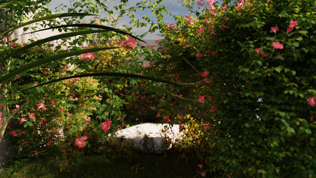 A 3D generated image of a lush, vibrant garden scene. The garden is filled with abundant green foliage and numerous pink flowers blooming on the bushes, creating a serene and colorful environment. In the middle of the image there is a partially visible mattress.