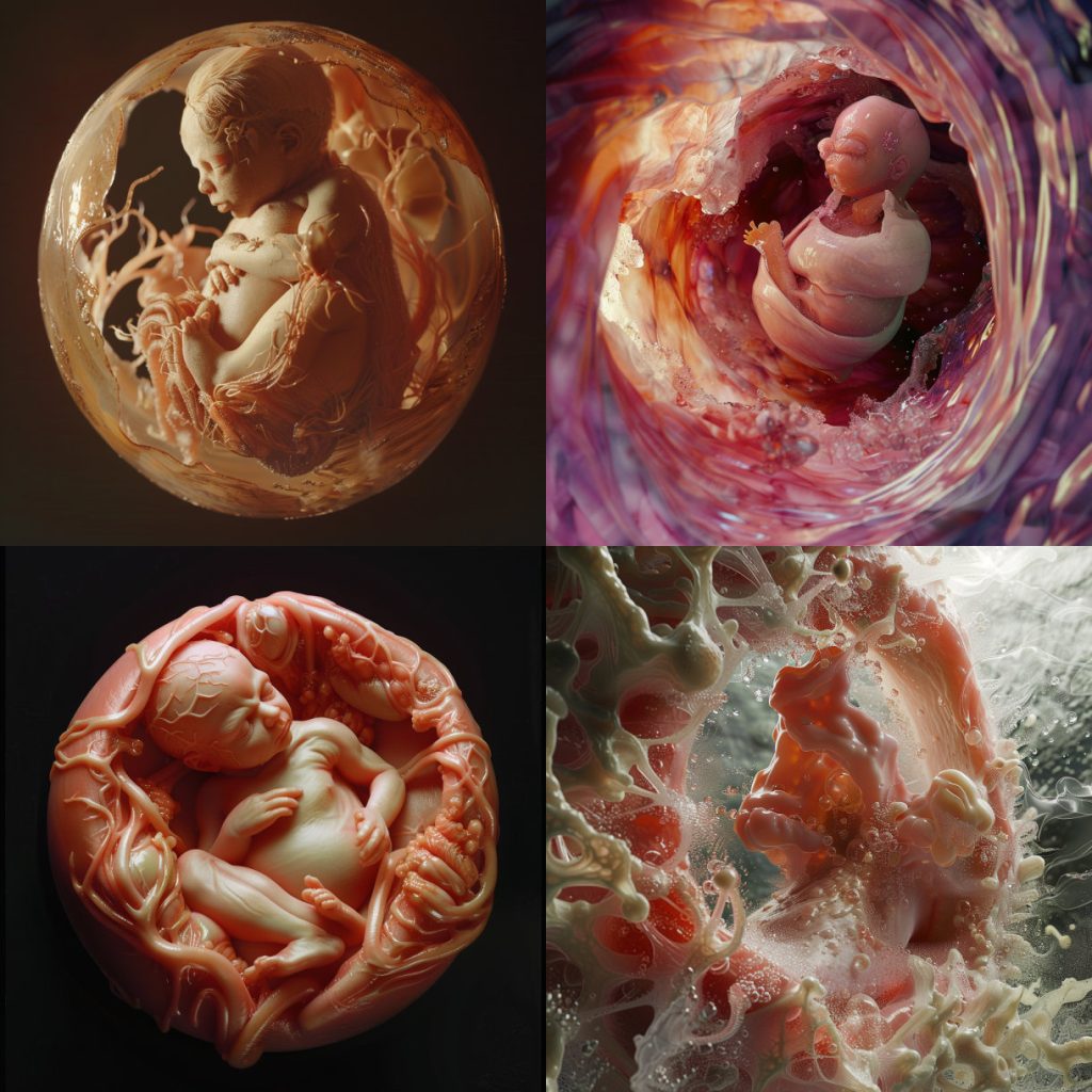 4 different images of the process from an ambient cell to cross-sections showing a baby in an umbilical cord, from inside a mother’s belly to a pregnant woman and everything is made in the style of pink wax, hyper realistic, hyper detailed, high resolution, high definition.