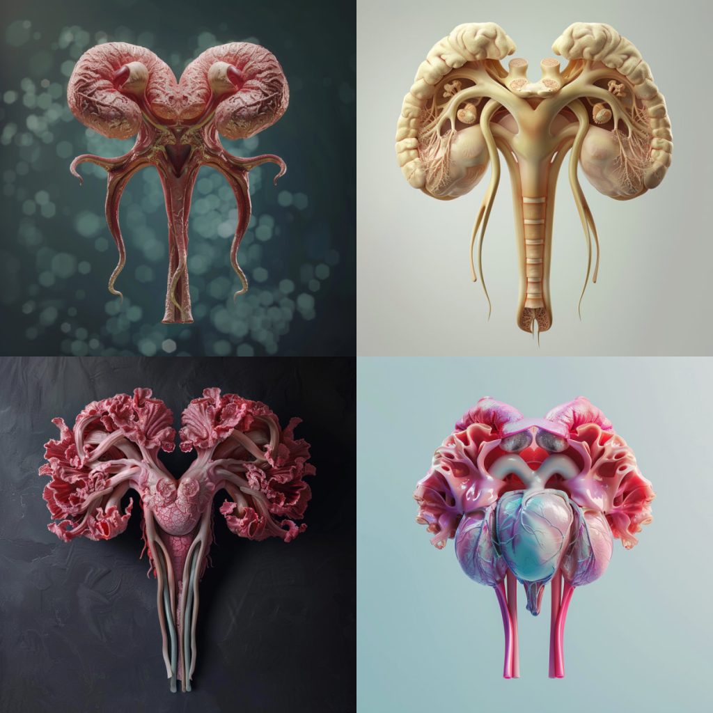 A series of four images showcasing the different types of colourful human-style organs. Each photo is set against a soft pastel background that enhances the realism and detail of each organ with delicate pink veins. This visual representation highlights both scientific precision while also conveying an emotional connection through its vibrant colours.