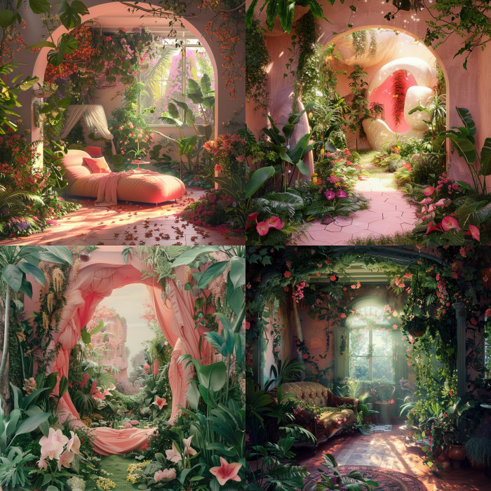 AI generated imagery of four hyper realistic photos of an interior design for the dreamy fairy tale bedroom in paradise, pink and green colour palette, a lush garden full with flowers and plants surrounding it, magical atmosphere, surrealistic