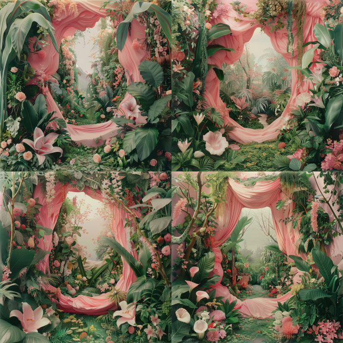 A collage of pink and green floral patterns, vines, and foliage surrounded by lush jungle foliage, with mirrors reflecting in the background. The scene is set at dawn or dusk, creating an ethereal atmosphere. This style blends natural elements with fantasy and surrealism, giving it a dreamy quality in the style of surrealist artists.