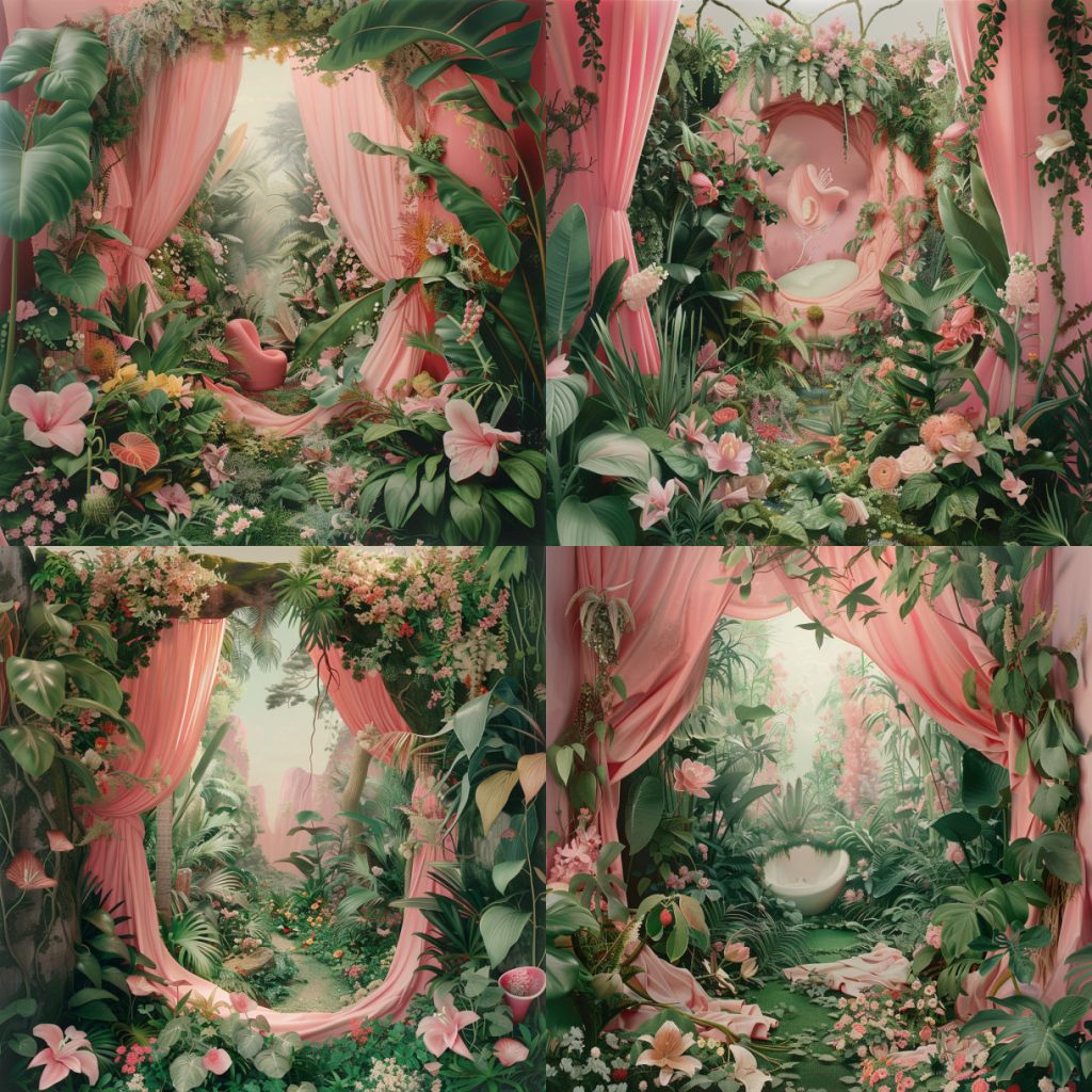 A collage of four images depicting lush greenery, pink drapes, and exotic plants in an opulent setting. The style is a mix between hyper-realistic botanicals and surreal digital art, with vibrant colours and soft lighting creating a dreamy atmosphere. Each element has its own distinct visual narrative within the composition, showcasing a harmonious blend of nature’s beauty and modern aesthetics. This combination creates a visually stunning representation that sparks imagination.