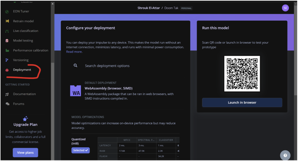 The deployment configuration screen for a machine learning model named "Doom Tak". It shows options for deploying the model as a WebAssembly package for web browsers. The interface includes a QR code and a "Launch in browser" button for testing the prototype.