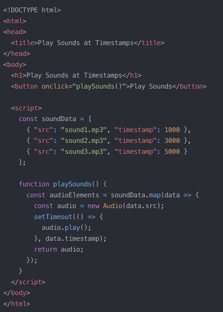 Code snippet in a dark-themed editor showing HTML and JavaScript for a web page titled 'Play Sounds at Timestamps'. The HTML structure includes a button to play sounds, and the JavaScript code defines an array of sound data with timestamps and a function to play these sounds at specified times using the Audio API and setTimeout.
An accessible version of the code is printed in full at the bottom of the page