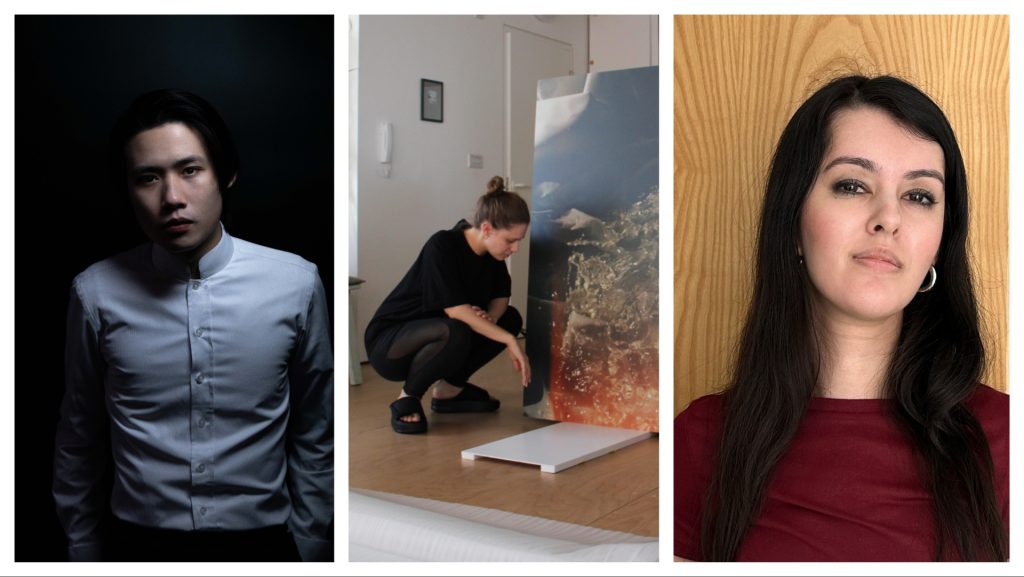 A collage of three pictures showing the resident artists with Lazarus Chan on the left wearing a white button down shirt, Leah Clements in the centre wearing black kneeling before a painting, and on the right is Elora Kadir with long dark hair and red top. 