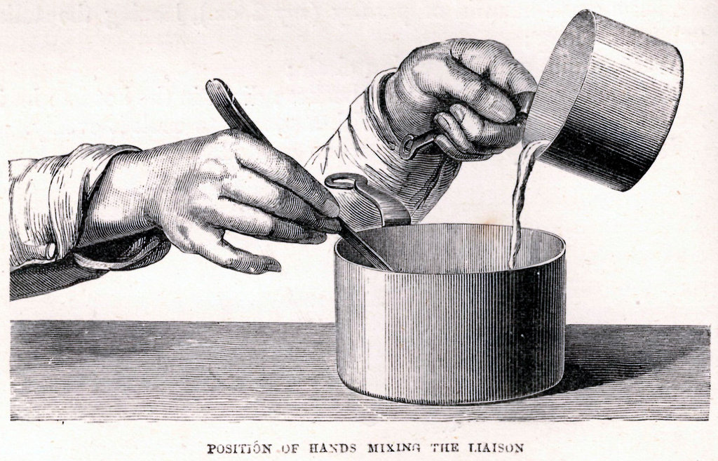 A detailed black-and-white engraving of two hands preparing food. The left hand holds a spoon inside a cooking pot, stirring, while the right hand pours liquid from a small jug into the pot. The pot sits on a flat surface, and the image is captioned below: “Position of hands mixing the liaison.”