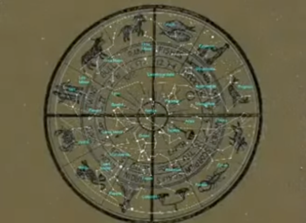 A pixelated  astrological wheel with images of the different star signs (the crab for cancer, the scales for libra, etc) in black on a mustard browny yellowish background. Over the top is a faint network of something white - maybe stars joined by lines? Labelled in green writing that we can’t read.