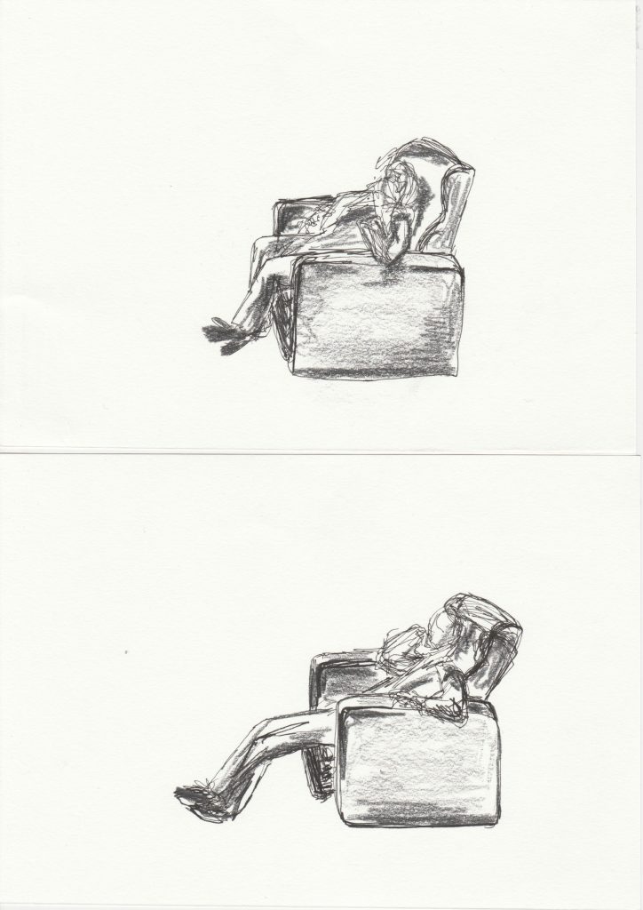 A pencil sketch divided into two panels, each depicting a person slouched in a large, cushioned armchair. In the top panel, the person sits with their legs crossed, leaning forward with their head resting on one hand, appearing tired or contemplative. In the bottom panel, the same person is reclined further back in the chair, with one leg stretched out and the other bent. Their head is tilted slightly backward, and they appear more relaxed or possibly asleep. The chair remains consistent between both panels, with simple shading to define its form.