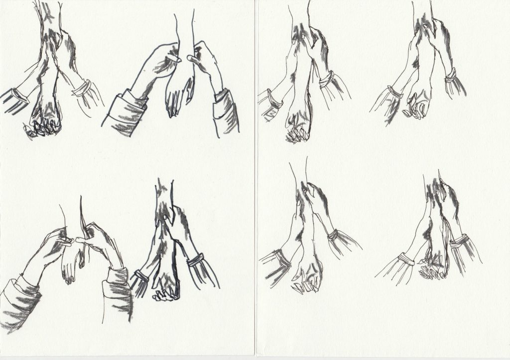 A black-and-white pen sketch showing a series of repeated hand gestures between two people, arranged in a 2x4 grid across two pages. Each panel features a pair of hands interacting gently—holding, touching, or clasping forearms and wrists. The gestures convey tenderness, support, or examination, with one set of hands often initiating touch while the other remains passive. The figures wear long sleeves, and the shading is minimal, focusing on the contours and emotion in the hand movements.