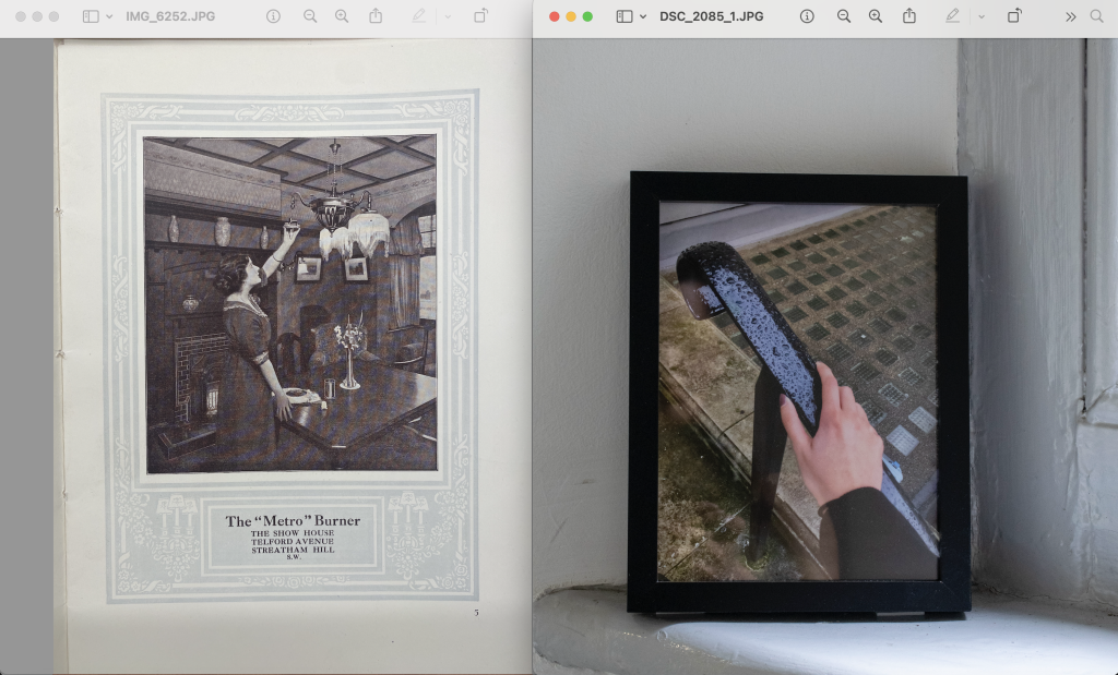 On the left, a vintage ad shows a woman lighting a "Metro" gas burner in a classic interior. On the right, a modern photo in a black frame depicts a hand holding a rain-soaked handrail.