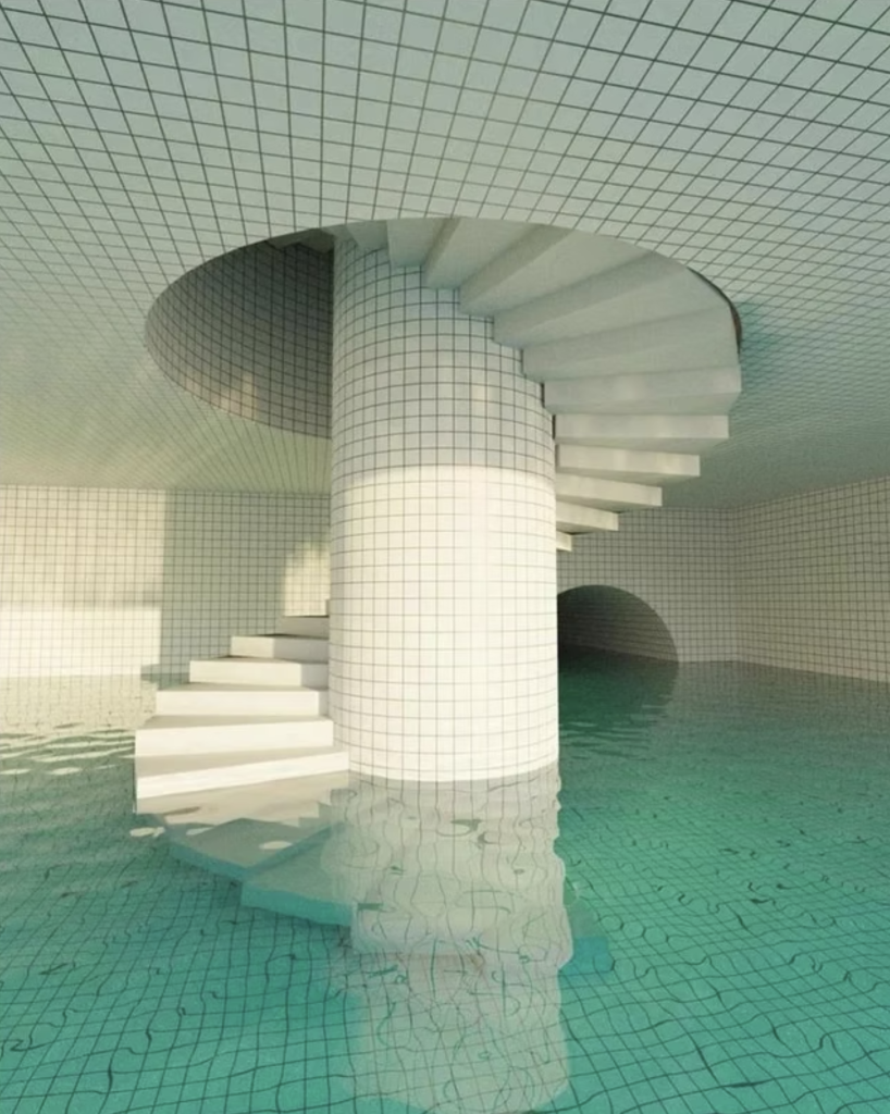 A computer generated image of a room covered in white tiles, from ceiling to walls to floor. In its centre is a circular hole in the ceiling through which a pillar extends, and a staircase spirals around. The room is half full of turquoise water. In the background, a tunnel leads elsewhere.