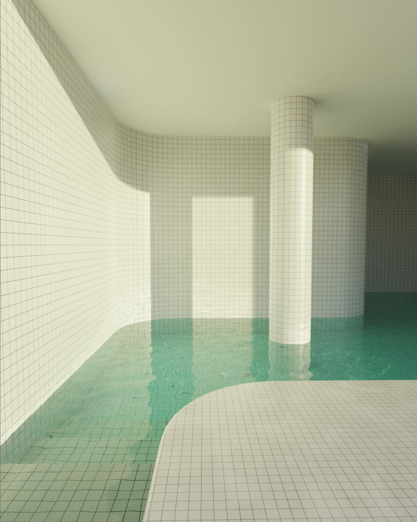A sunlit white tiled interior. The walls curve in a wavy line, a long thin pool following them, and a pillar that seems architecturally functionally useless. At least, according to waking logic.