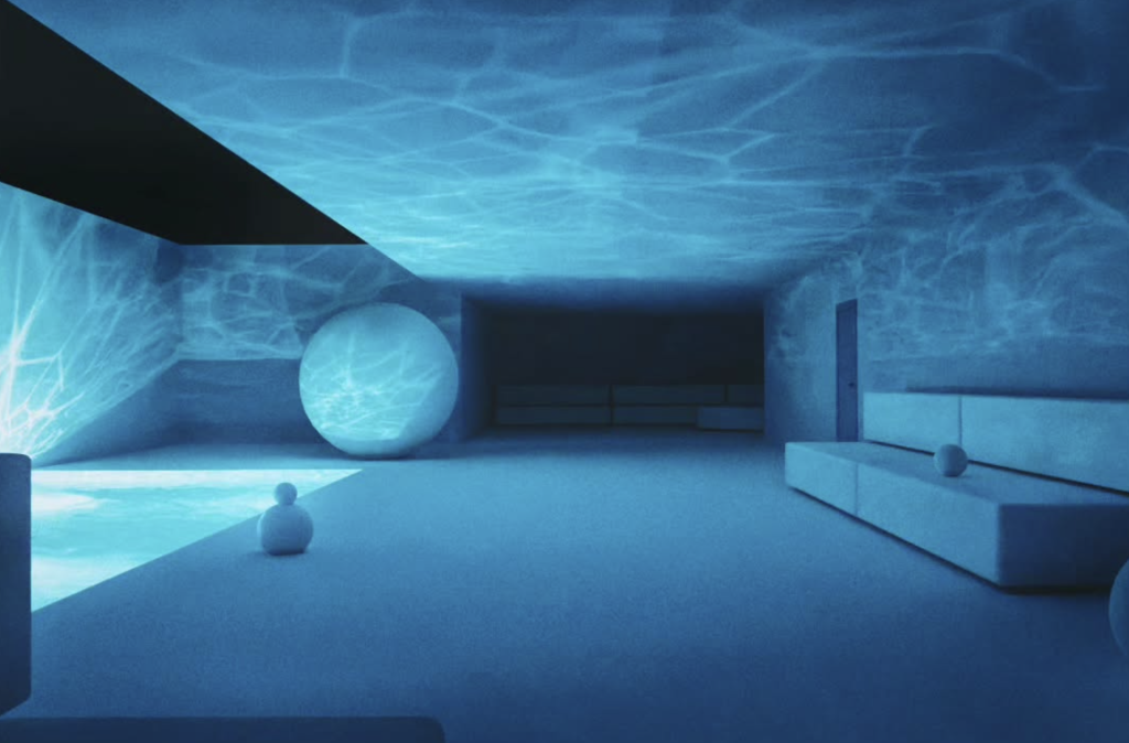 A room in a 1960s minimalist style. An expanse of plain floor and ceiling space, marked only by the reflections of ripples of an oblong pool on the left. These reflections also pick out a large sphere at the back of the room, a plain sofa on the right, and some more ornamental sphere shapes, much smaller. Above the pool is a black expanse, perhaps a night sky, perhaps a blank ceiling.