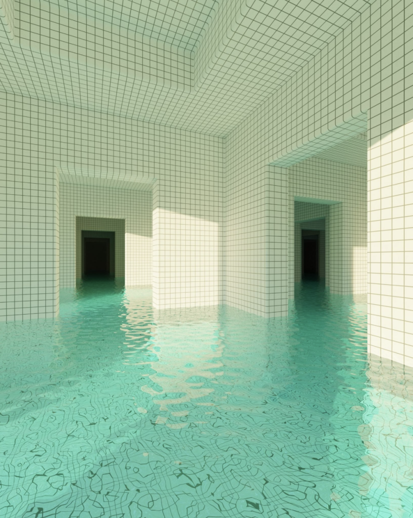 A sunlit white tiled interior, half full of turquoise water. Two doorways on different wall in front of us fall back into a never-ending series of doorways behind them.