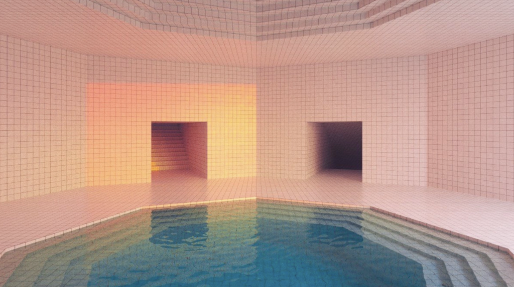 Another entirely tiled room. These tiles are pastel pink, and in the centre of the room is a hexagon shaped pool full of water. The room follows its shape and two doorways are opposite us, on two of the sides of the shape. One leads to darkness, it looks like a stairway downstairs. The other has a staircase upstairs, and an orange rectangular light from an unknown source illuminates it.