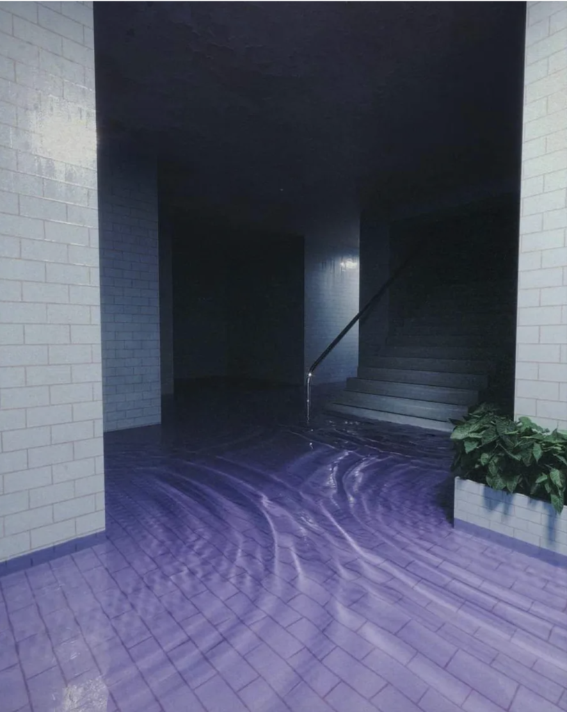 A dark underground space, all tiled. It looks like a subway or somewhere corporate and abandoned - but only recently - a still living plant in a plant box at the right. The kind you find outside an office block. A stairway upwards leads to darkness, and an ankle-deep measure of water pervades throughout, strangely purple, showing ripples of movement from nothing we can see capable of motion. It seems lit by a torch, whilst the edges recede into blackness.