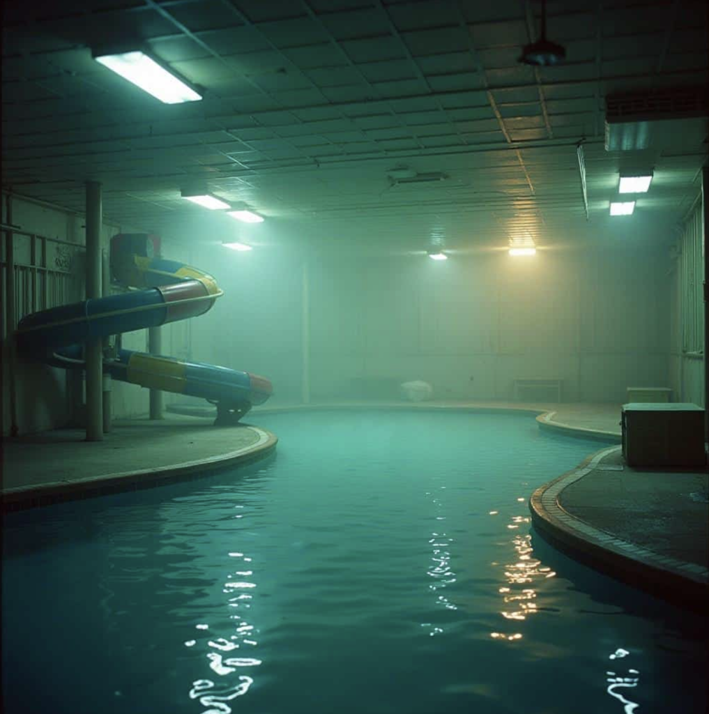A very creepy pool interior. An abandoned public swimming pool - a colourful spiral flume at the left, and a converted industrial looking ceiling with institutional lighting. But they don't fully light the space, it's a bit too dark to be comfortable, and unnervingly misty.