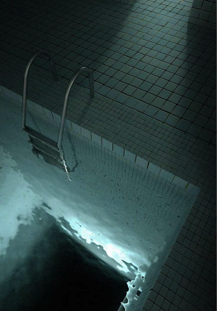 Another tiled space, this one dark and gloomy. It's the corner of a swimming pool from above, where the metal ladder leads into the water. It plunges down into an unrealistic depth, mysterious and dark.