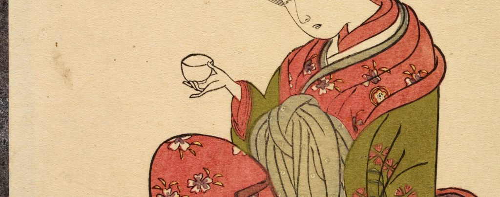 A traditional Japanese woodblock print depicting a person wearing a red kimono decorated with pink and white flowers and green inner layers. The figure is seated and holds a small tea bowl delicately in one hand, with their gaze directed toward it. The style is minimal yet detailed, with soft colors and fine outlines typical of ukiyo-e art.