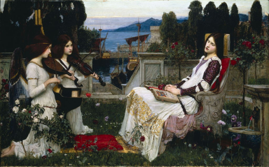 A 19th-century painting depicting Saint Cecilia seated in a garden, eyes closed in serene contemplation, with an open book resting on her lap. Two angels kneel before her, one playing a violin and the other holding an instrument. Behind them, a stone balustrade overlooks a harbor with ships and distant mountains. The scene is filled with lush roses and greenery, evoking a peaceful, spiritual atmosphere.