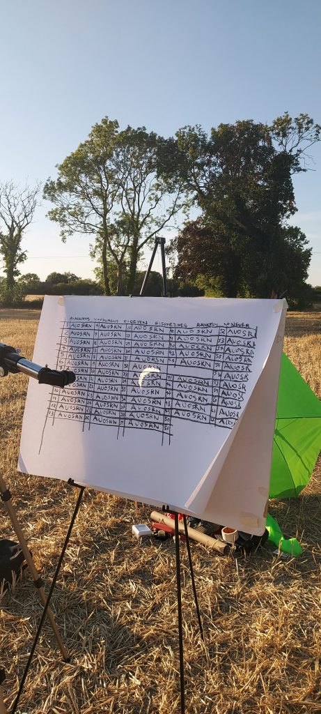 A large sheet of white paper mounted on a tripod easel stands in a harvested field covered with golden straw. Drawn on the paper is a hand-written grid or chart filled with repeated letters and numbered cells, with column headings including words such as 'always,' 'usually,' 'often,' 'sometimes,' 'rarely' and 'never.' In the middle of the paper is a crescent shape of light. it is a  partial solar eclipse projected through a telescope the end of which is in view. The lower right corner of the paper curls forward in the breeze. Behind the chart, mature trees are silhouetted against a clear evening sky. To the right, a bright green tent or windbreak is partially visible, while drawing and workshop materials are scattered on the ground beneath the easel. Warm, low sunlight casts long shadows across the field.