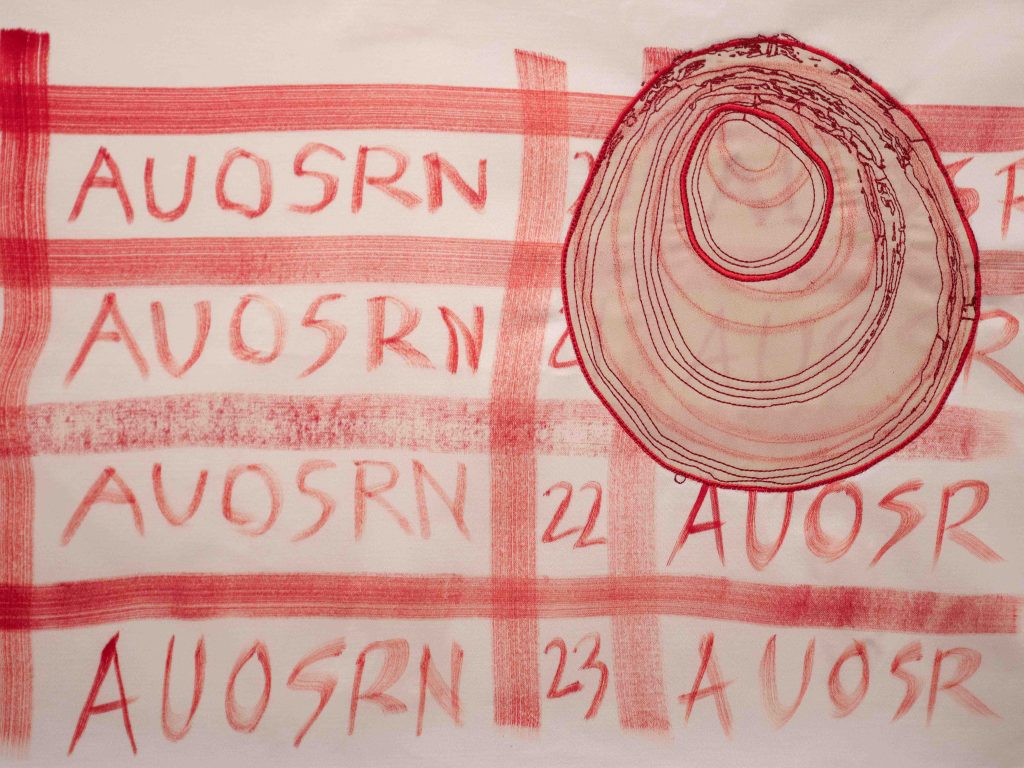 The image shows a grid drawn in bright blood red ink on pale cream silky fabric. The brush strokes from a wide stiff brush can be clearly seen in the lines of the grid. Inside the grid are letters and numbers drawn in a thinner brush that read AUOSRN and the numbers 22 and 23. On the top right hand side the grid is overlaid with an appliqué addition made from a darker cream translucent fabric. This has smudgy monoprint drawn and precisely stitched concentric circles in bright and deep red which break down and unravel at the top. It looks like an oyster or a finger print. 