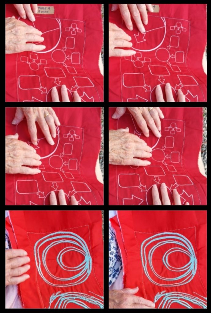 A series of 6 photographs with black borders showing two pairs of pale skinned hands tracing embroidered lines on bright red fabric. One pair of hands is visibly older than the other. The textile contains stitched diagrams, arrows and looping forms in pink and pale blue thread. The images document a tactile encounter with the embroidery, as the raised stitches are explored through touch.